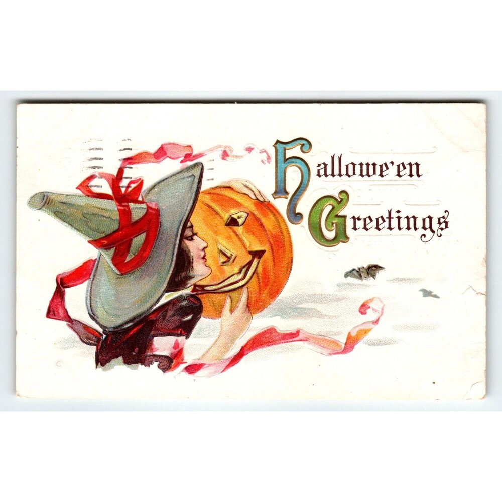 Halloween Postcard Witch In The Clouds JOL Bat 332 Stecher Vintage Antique 1915